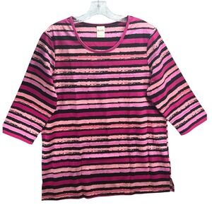 Blair Womens Pink Black Striped Scoop Neck 3/4 Sleeve Knit Top Large